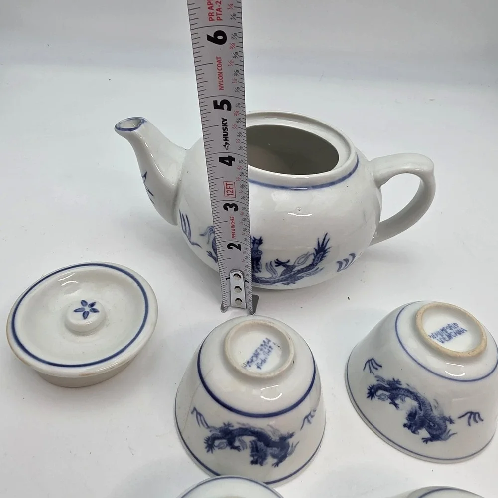 Pier 1 Imports Blue White Dragon Porcelain Tea Set Teapot 4 Cups Made in China